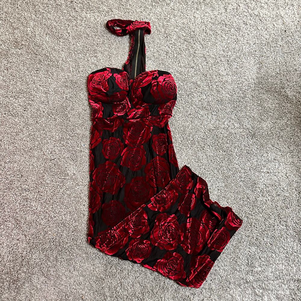 Auditions Black Red Floral Dress Velvet Long Zipper Choker NEW Size Small